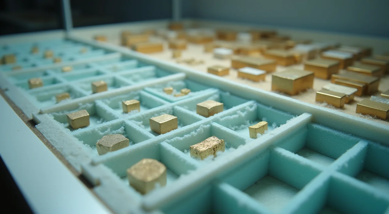 Close-up of a sorting tray with frosted glass compartments holding distinct sample blocks under focused lighting