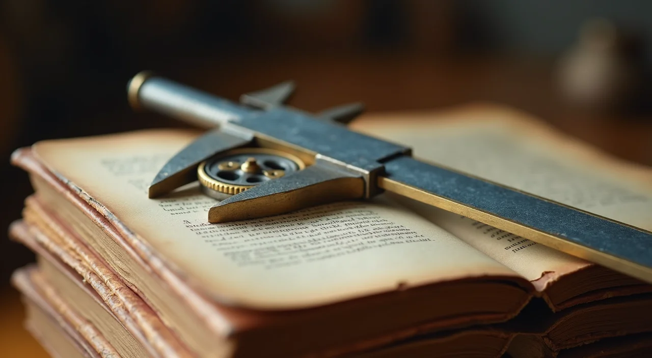 A brass precision caliper measuring a mechanical gear atop a leather ledger, representing the detailed trade-off analysis required for Oracle database migration.