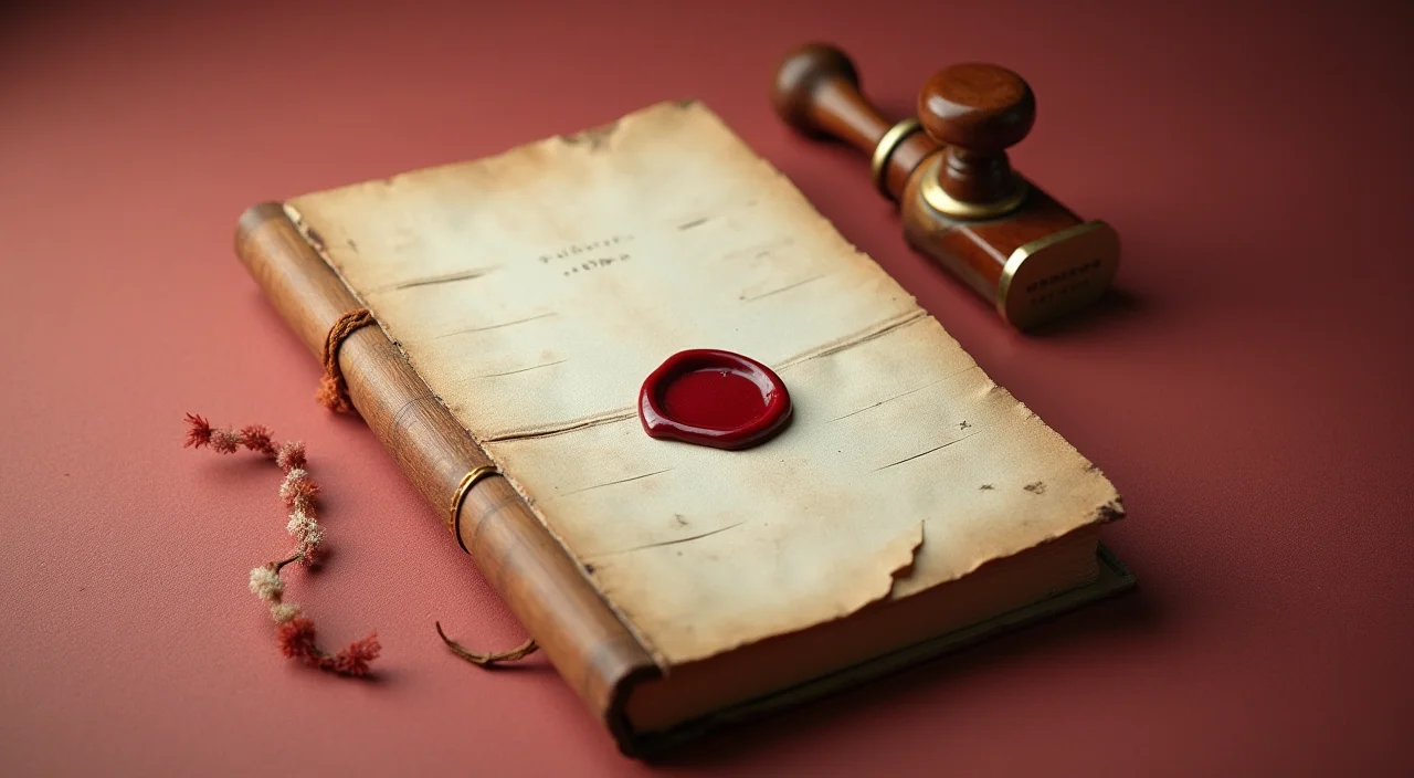 A closed ledger book with a wax seal and brass stamp on a linen surface, representing secure data governance and auditability.
