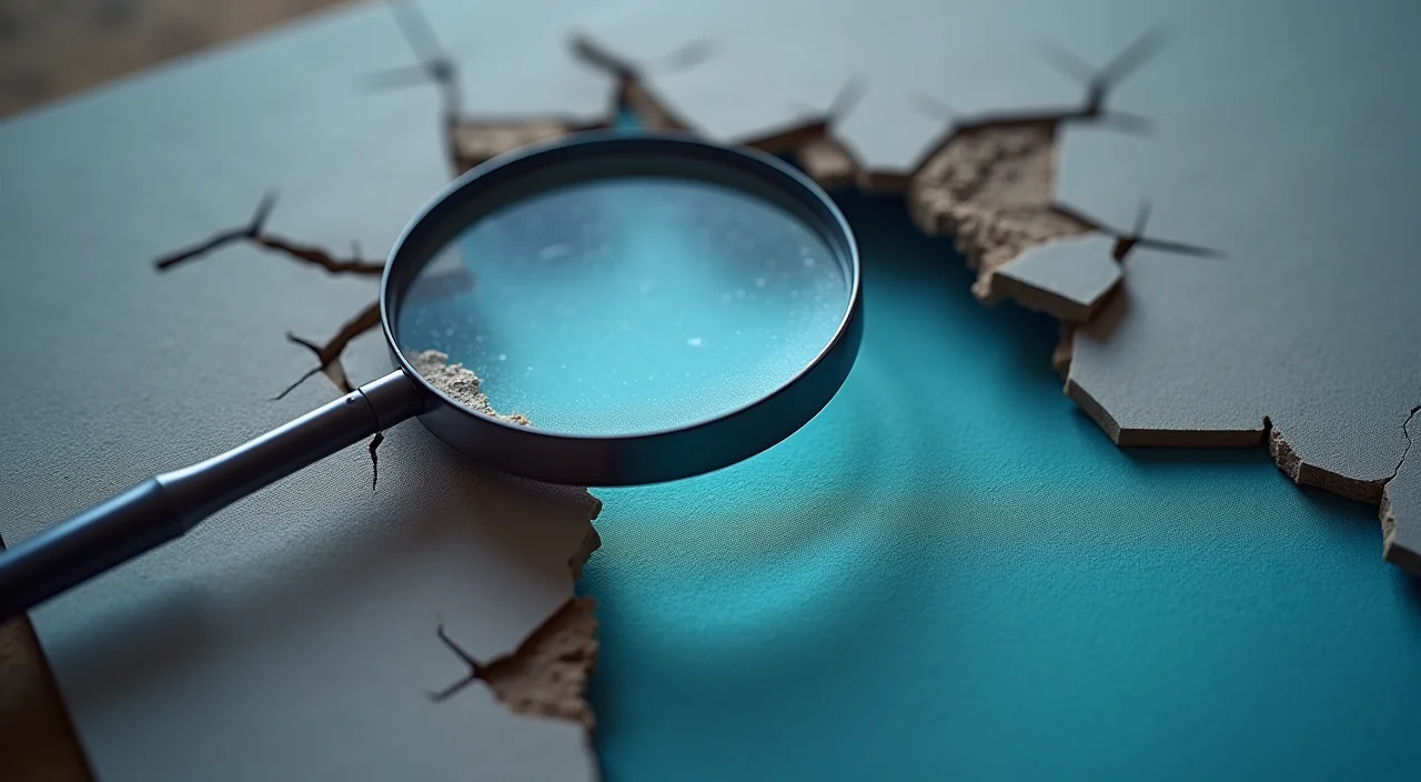 A close-up view of a magnifying glass inspecting a fine crack in a translucent acrylic sheet, symbolizing the forensic analysis of hidden logic errors in database migration.