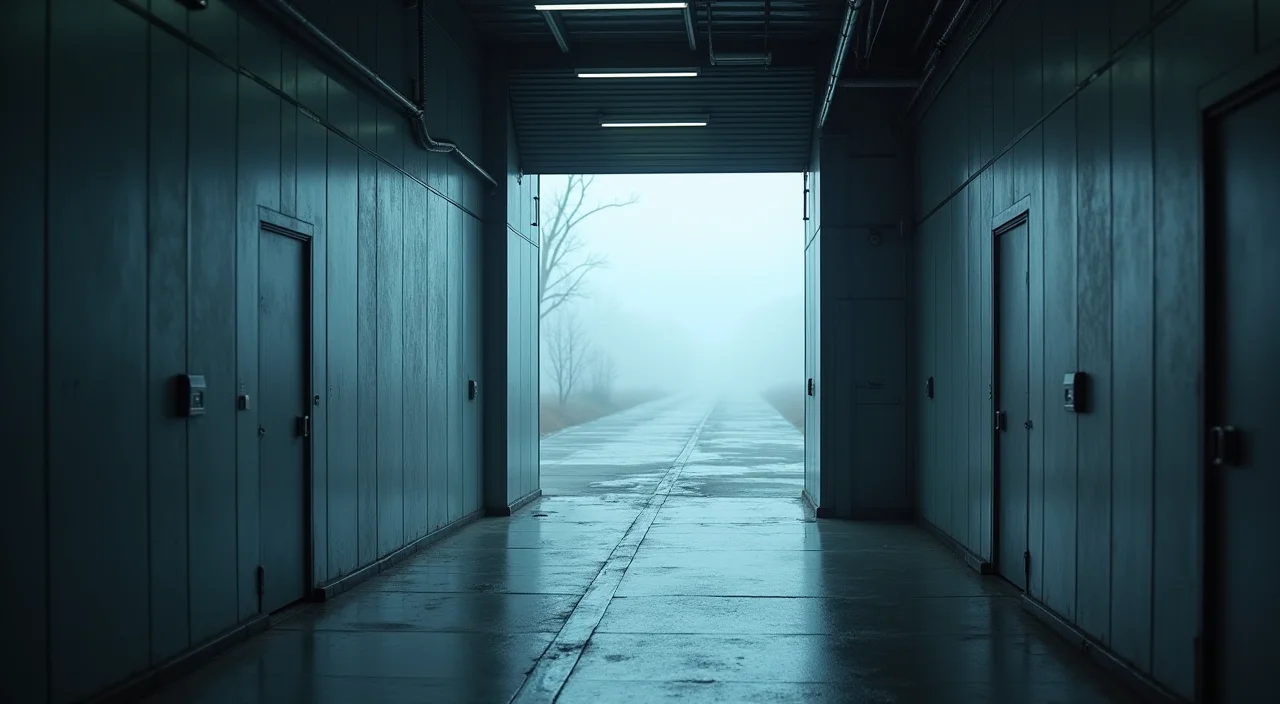 Half-open industrial shutter symbolizing risk mitigation during enterprise database migration