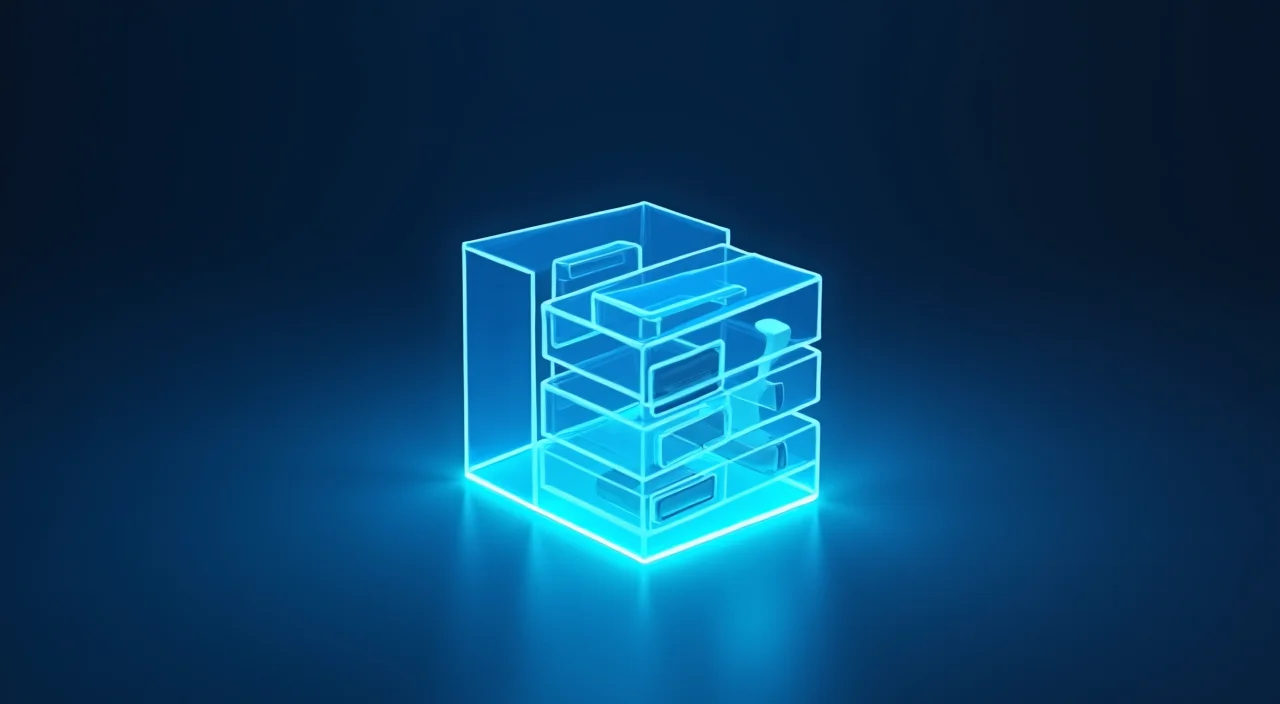 A minimalist architectural blueprint of a database structure illuminated by a cyan light beam on a dark blue background, symbolizing enterprise evaluation and technical precision.