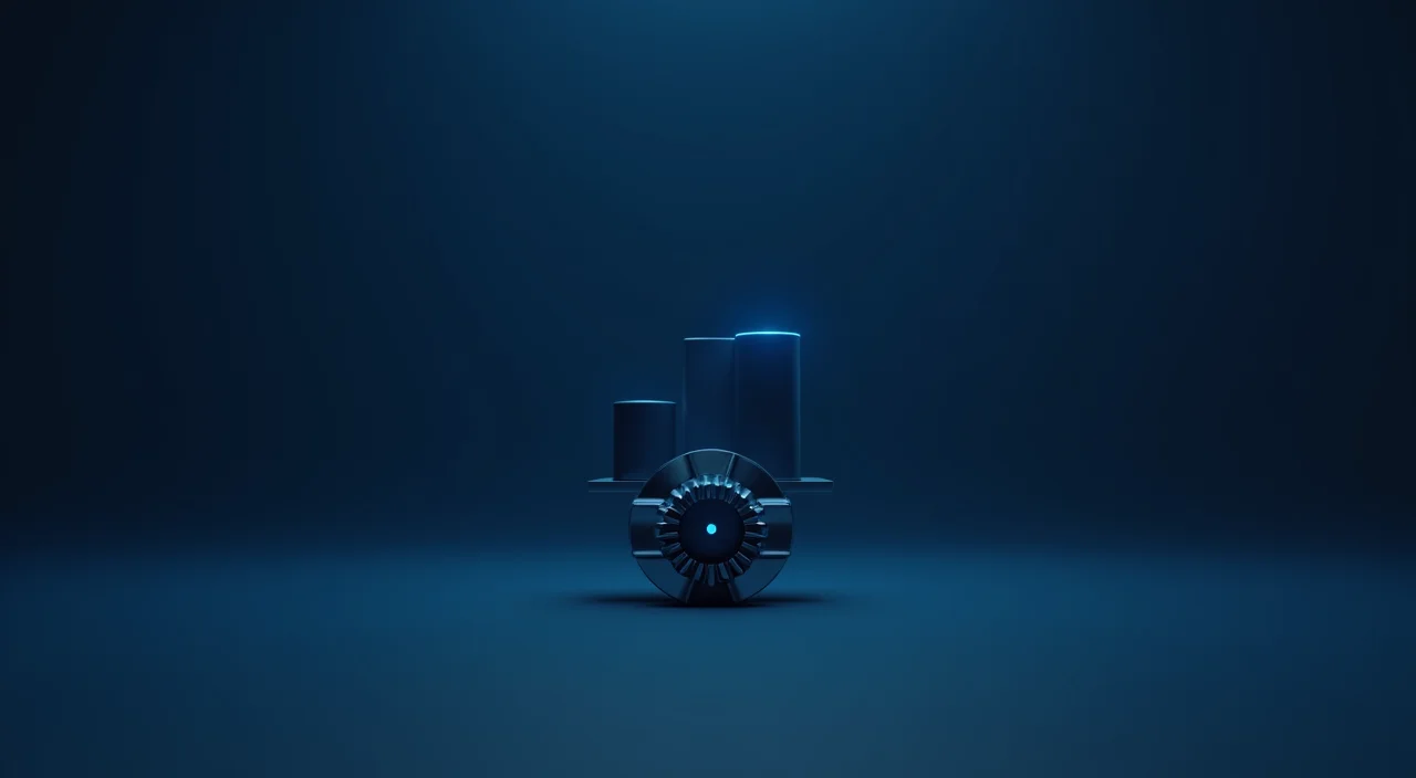 A minimalist scale balancing a complex gear and a modern cylinder against a dark blue background, symbolizing the architectural trade-offs in database migration.