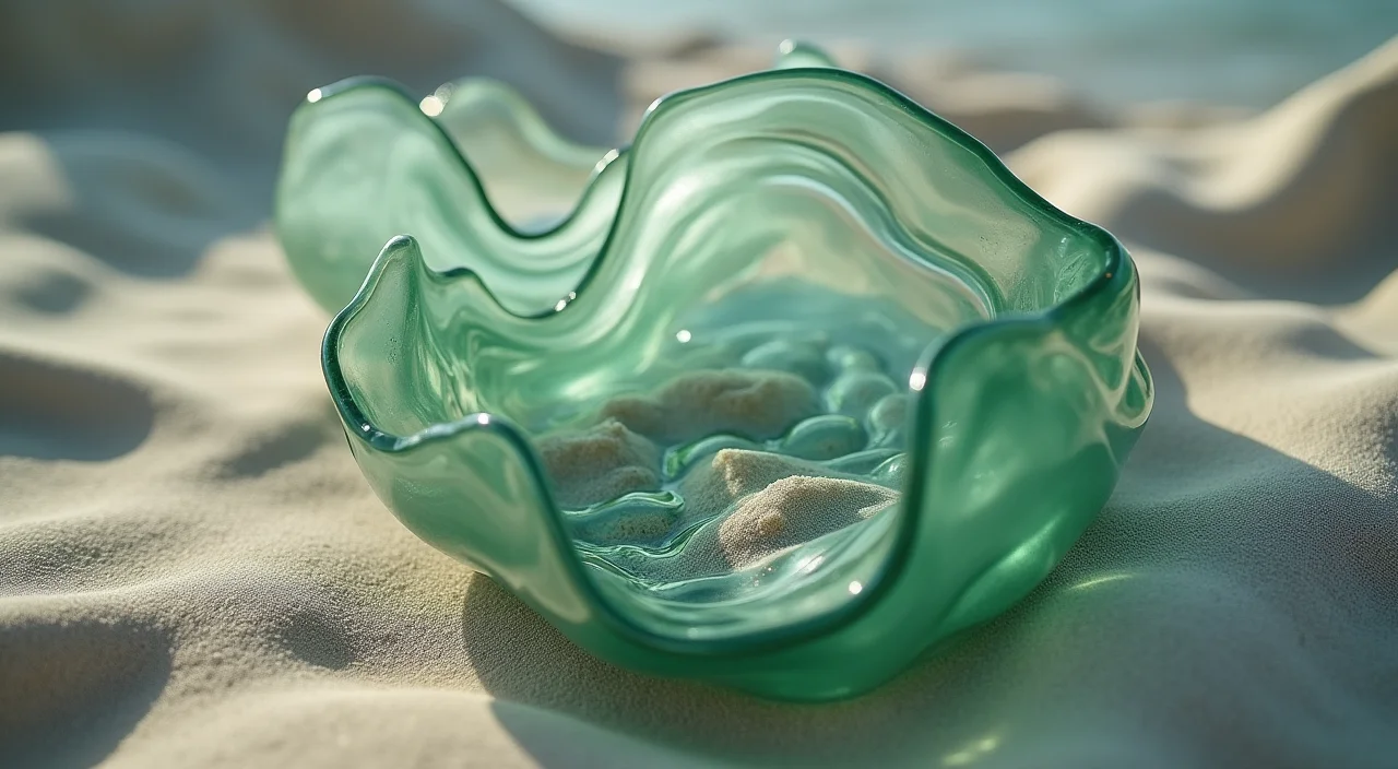 Nested transparent glass shells surrounding a solid ceramic core on a linen surface