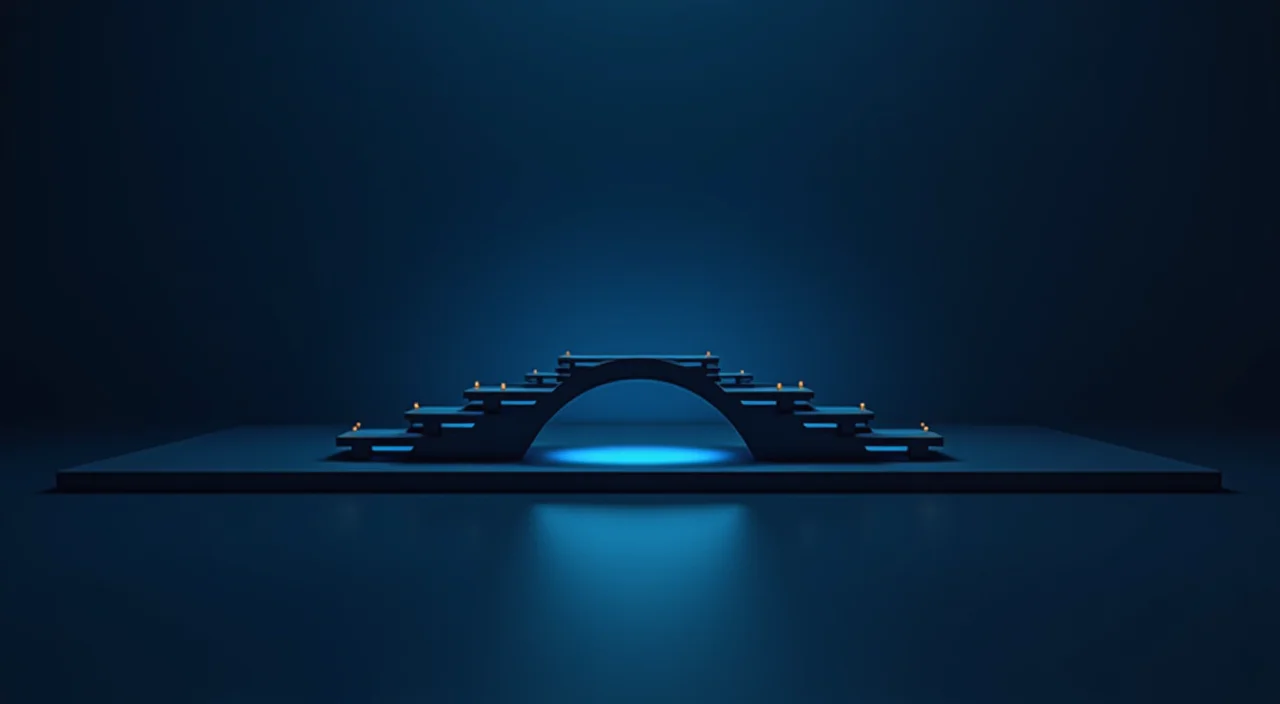 Abstract dark blue and cyan composition showing a minimalist bridge connecting two platforms, symbolizing secure database migration and risk-adjusted enterprise strategy.