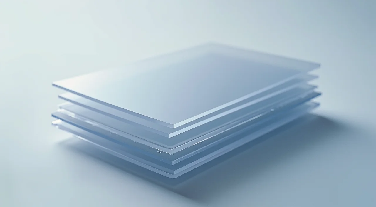Stacked transparent acetate sheets offset on a light box representing progressive definition depth in database modernization
