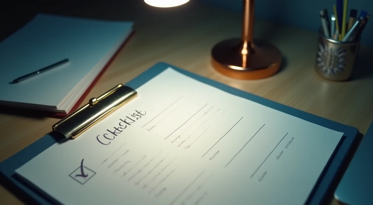 A clipboard with blank evaluation sheets resting on a linen surface, illuminated by soft desk lighting