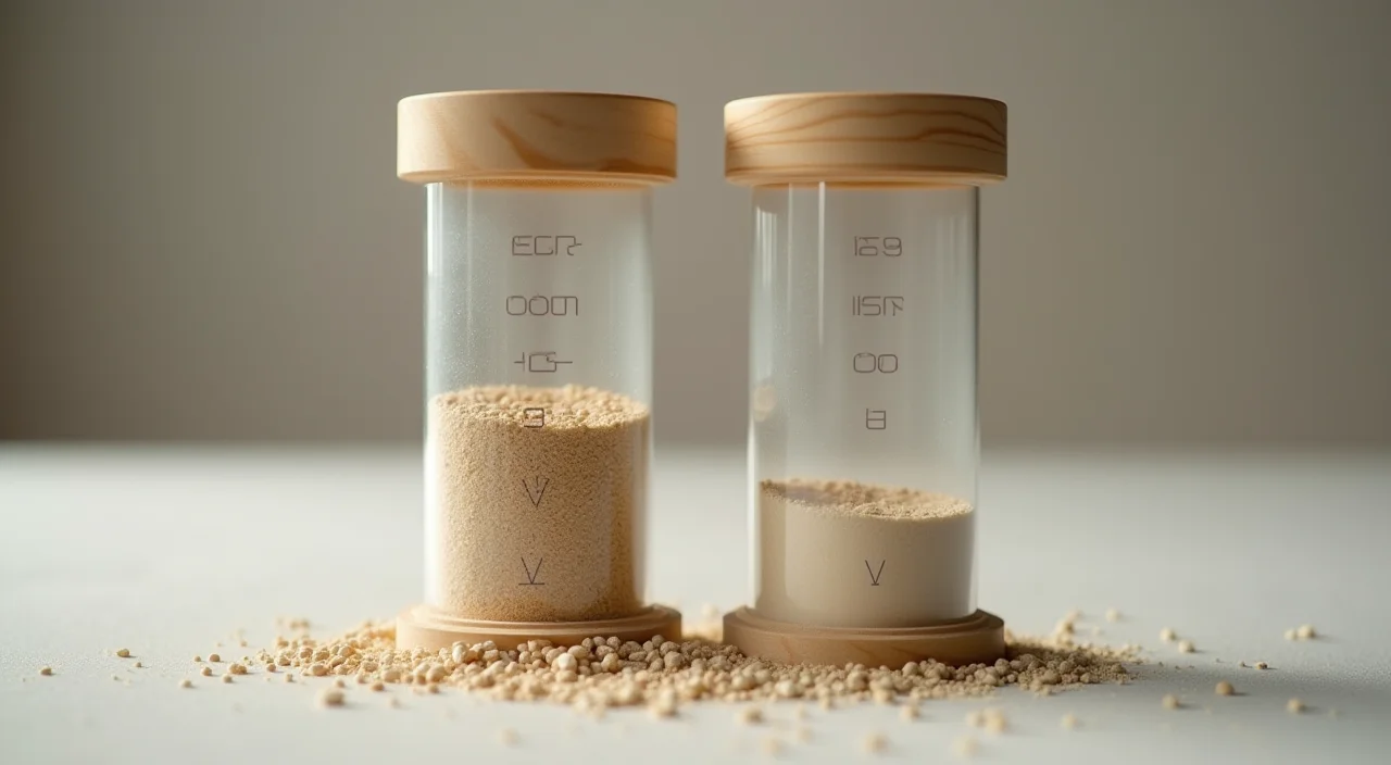 Two glass cylinders containing different levels of sand representing baseline versus optimized database performance metrics