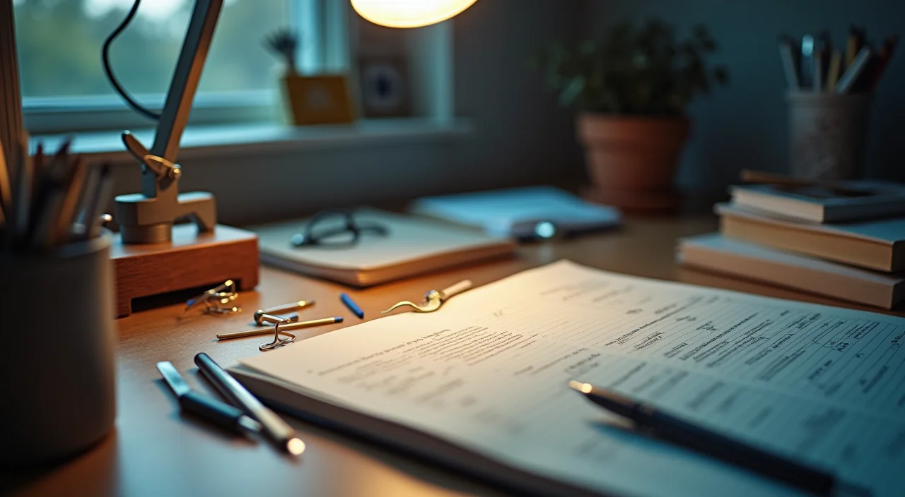 A minimalist workstation vignette featuring brass calipers and blank notebooks on a walnut surface, illuminated by soft morning light, symbolizing the precise planning and careful