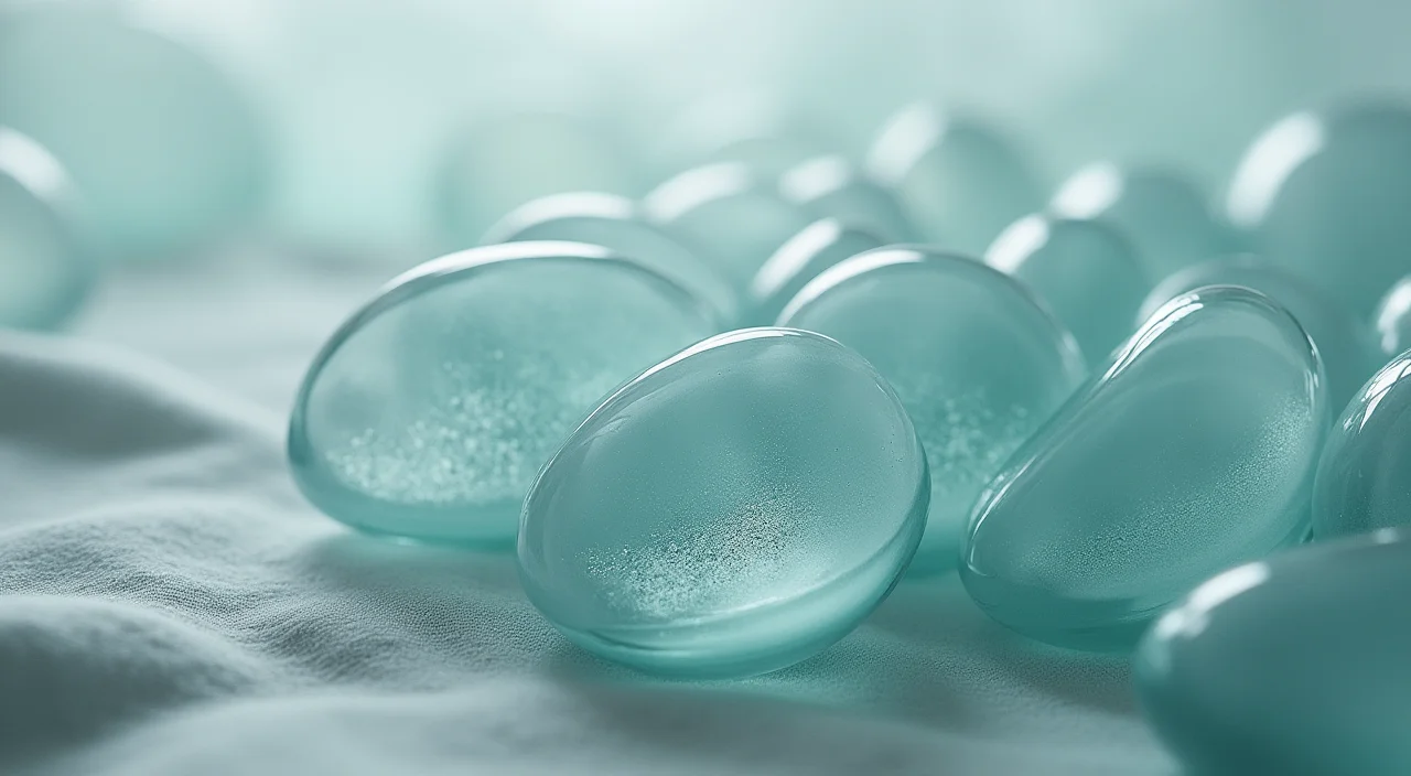 Nested transparent glass shells surrounding a solid ceramic core on a linen surface