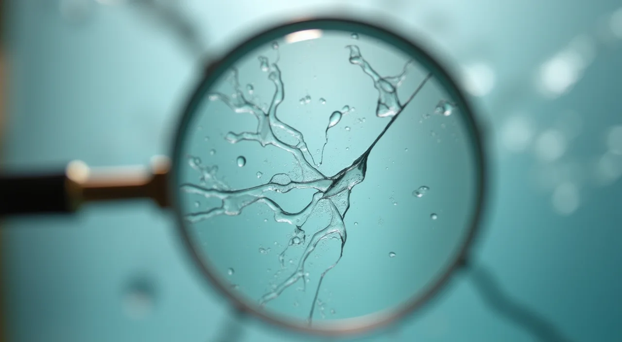 Close-up of a brass magnifying glass inspecting a fine crack in a translucent acrylic block, symbolizing detailed technical assessment.