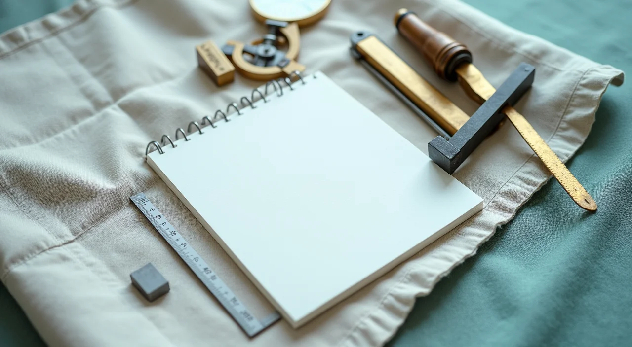 Precision measuring tools and a blank notepad arranged on a linen surface for technical evaluation