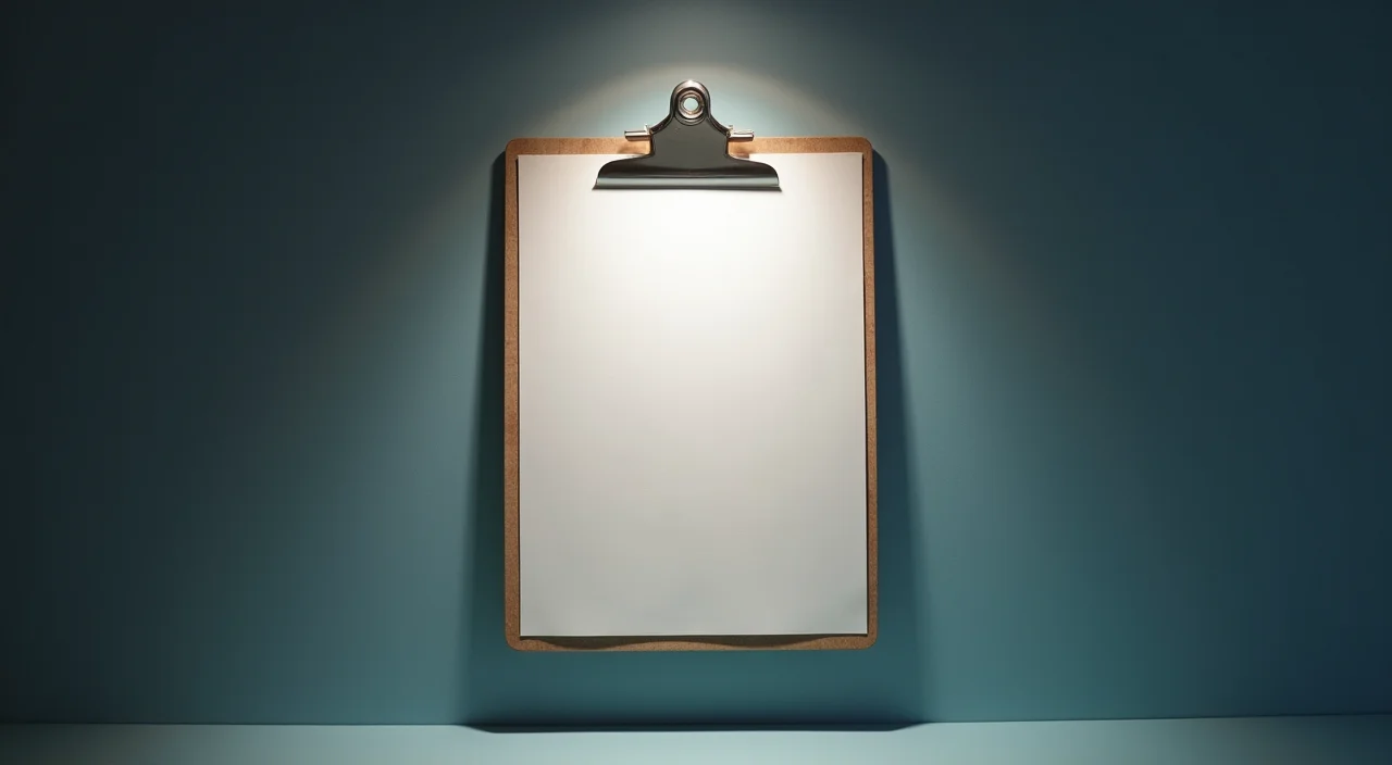 A blank approval clipboard on a walnut surface under museum spotlight, representing value proof and migration validation