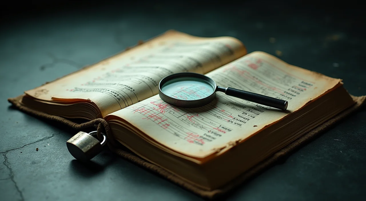 A forensic audit of a ledger book with a magnifying glass and metal lock, symbolizing the diagnosis of licensing costs and technical risks in enterprise database migration.