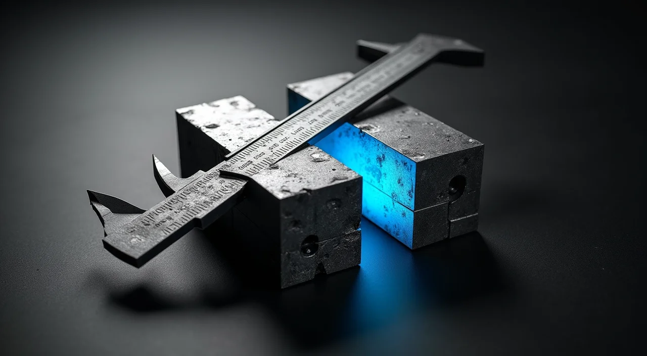 A precision steel caliper measuring the gap between two distinct metallic blocks on a dark surface, symbolizing the technical and commercial evaluation of enterprise database alter