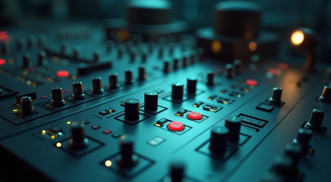 Close-up of an industrial control console with unlabeled brass knobs under focused lighting, symbolizing technical risk assessment