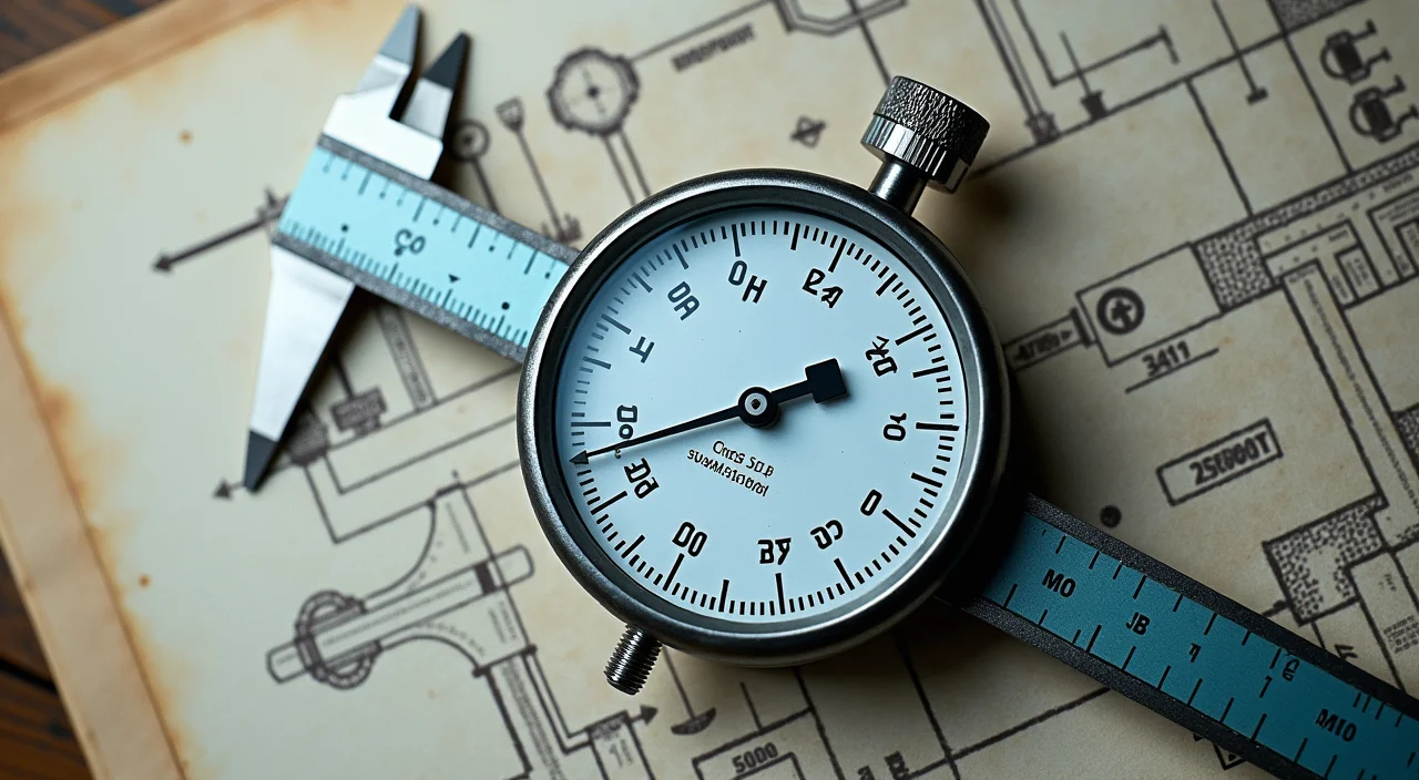 Top-down view of industrial calibration tools and blueprints representing database compatibility testing.
