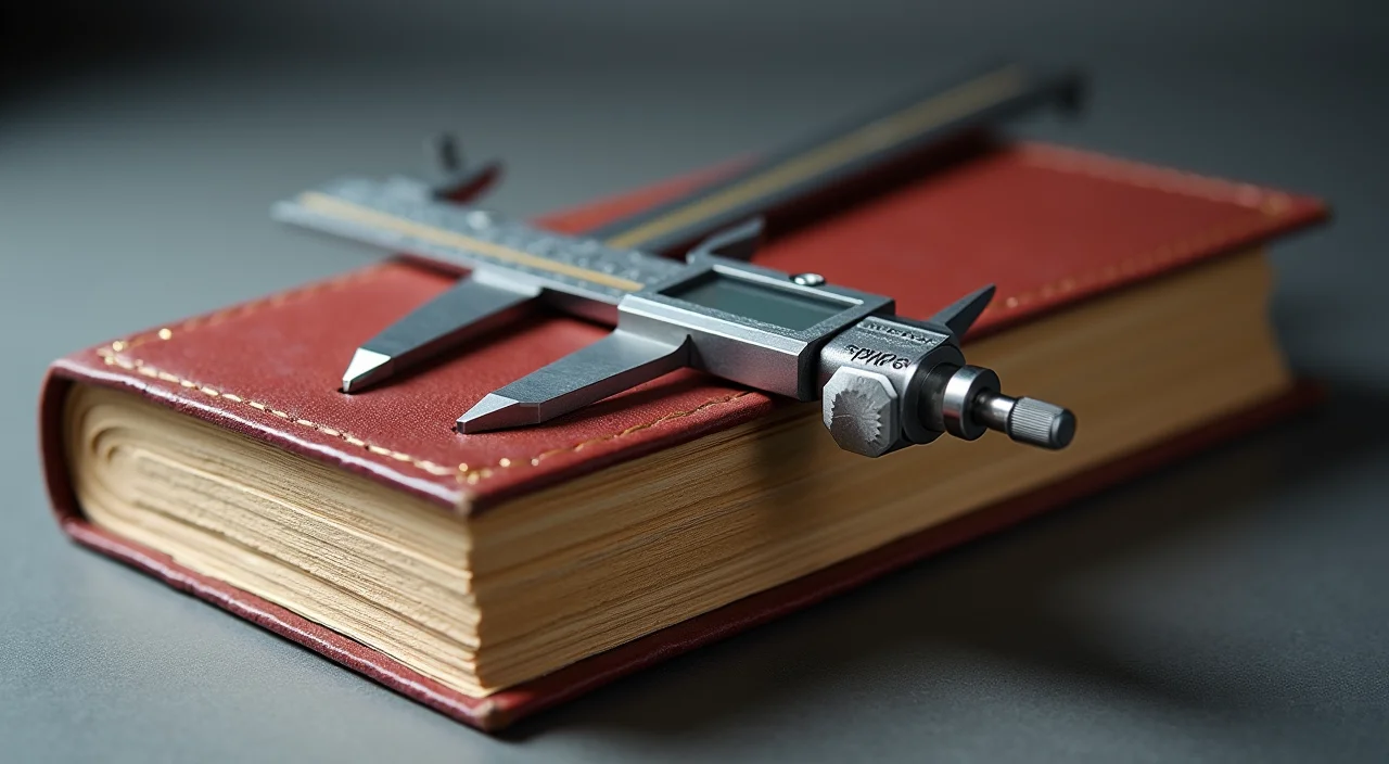 A precision caliper measuring a thick leather-bound ledger book against a neutral background, symbolizing rigorous validation of database migration compatibility.