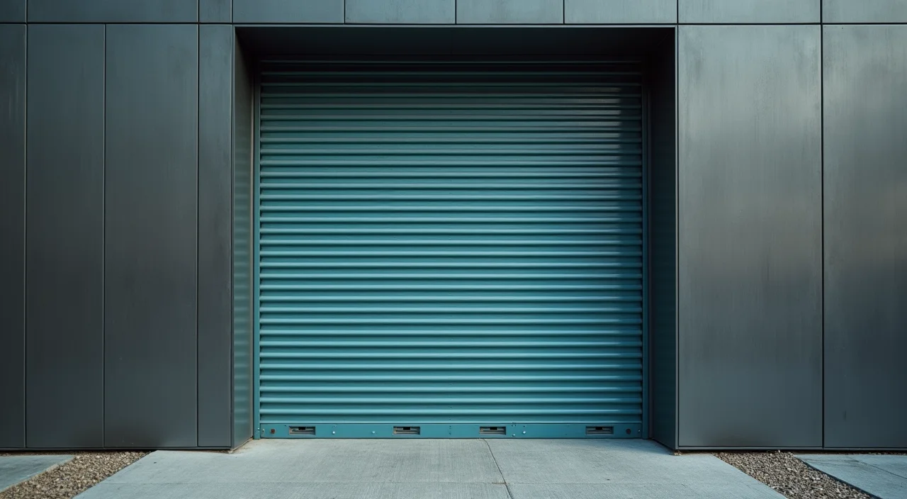 A half-open industrial sliding gate in a clean environment, symbolizing the controlled transition and risk assessment of migrating enterprise database infrastructure.