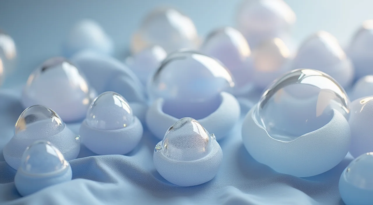 Nested transparent glass shells with a solid ceramic core on a linen surface