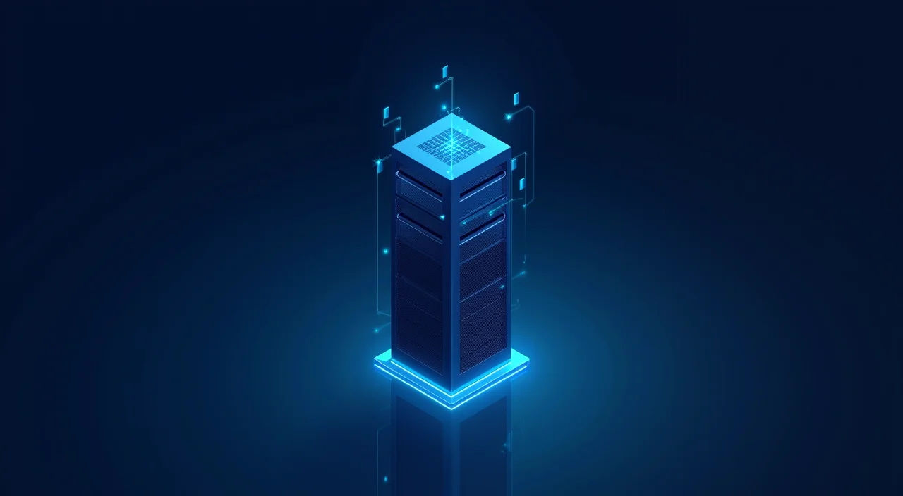 A minimalist dark blue and cyan illustration of a standalone enterprise database server tower representing high-availability OLTP infrastructure.