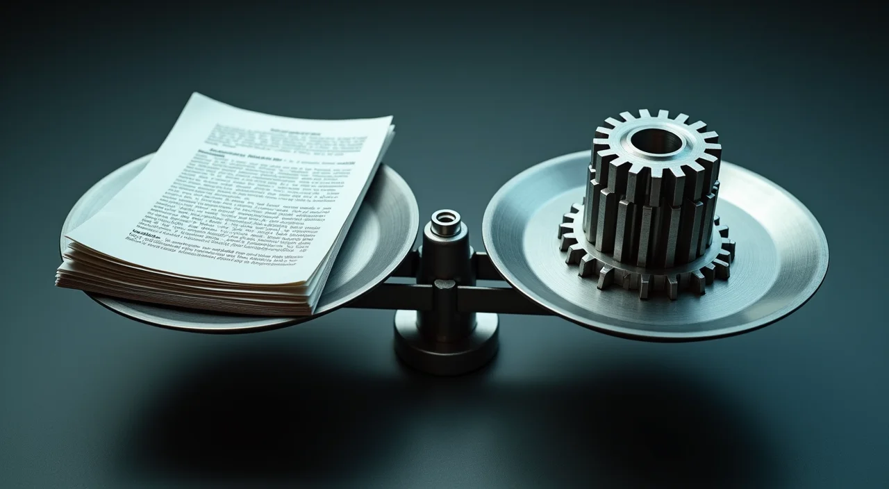 A steel balance scale weighing a stack of legal documents against a precision metal gear, symbolizing the evaluation of commercial database licensing and compatibility.