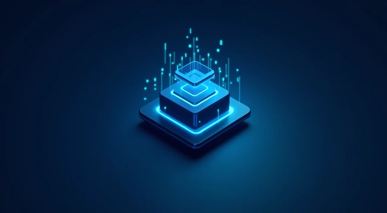 Abstract 3D visualization of a unified enterprise database architecture blending transactional structures with luminous vector data fields in dark blue and cyan.