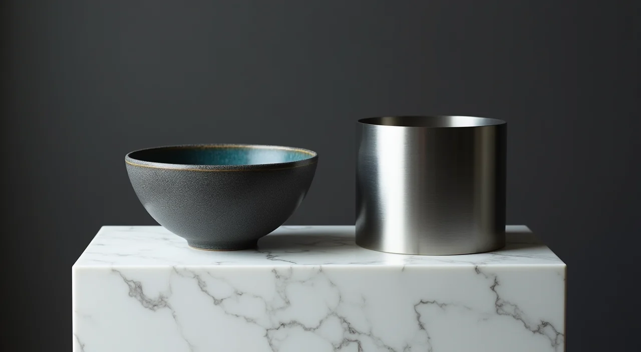 Ceramic bowl and brushed metal cylinder displayed side by side on a marble plinth