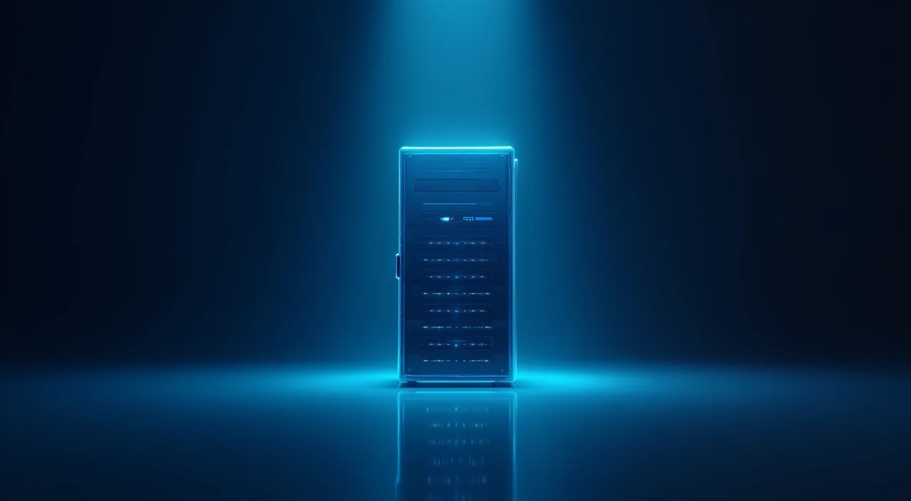 A minimalist dark blue and cyan illustration of a glass server rack representing secure enterprise database infrastructure for cross-border evaluation.