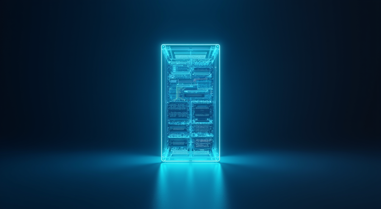 A minimalist dark blue and cyan illustration of a unified data infrastructure server rack, symbolizing the integration of relational and vector data for enterprise AI applications.
