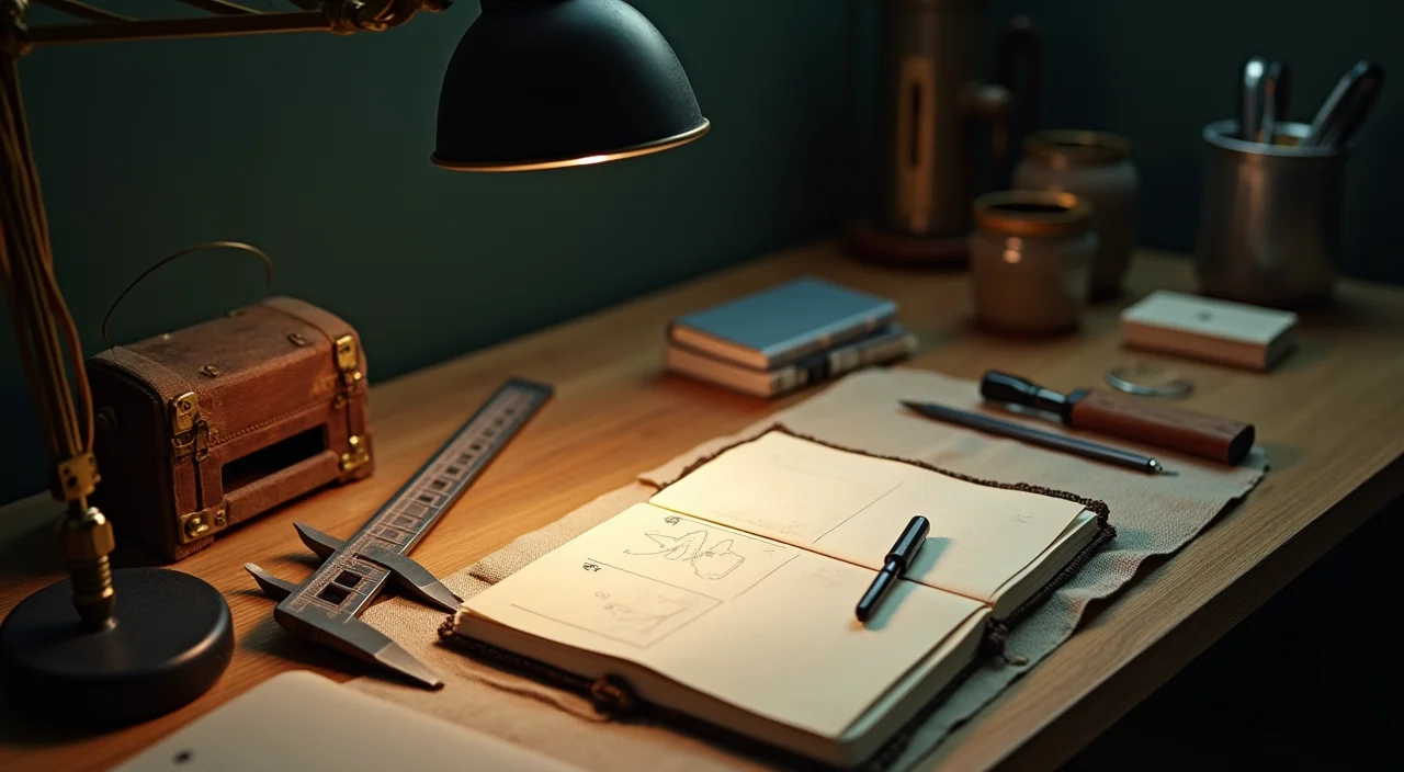 A close-up editorial shot of a precision engineering workstation featuring brass calipers and a linen notebook under focused lighting, symbolizing the careful architecture of secur