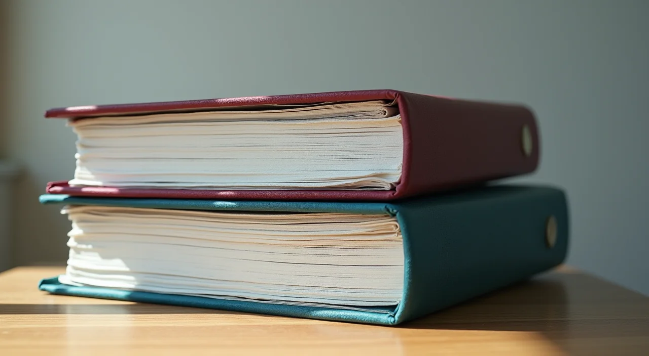 Stacked configuration binders on linen representing Oracle migration rollback procedures