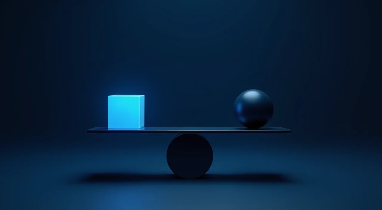 A minimalist balance scale comparing a glowing cube and a solid sphere against a dark blue background, symbolizing the trade-offs between licensing complexity and operational stabi