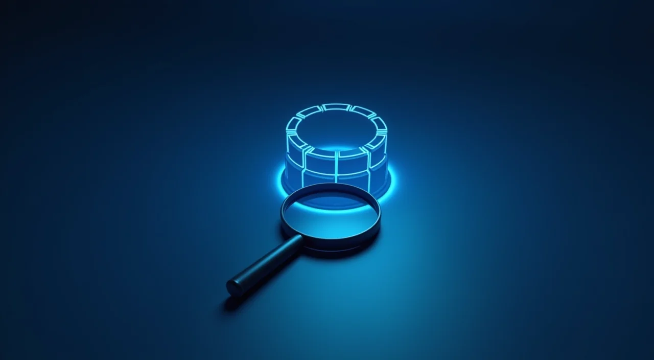 A magnifying glass inspecting a stylized database icon on a dark blue background, symbolizing technical risk diagnosis and compliance verification.