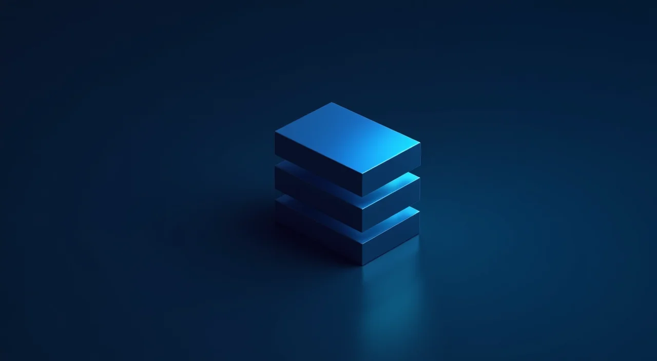 Abstract dark blue architectural block with cyan edges representing commercial enterprise database architecture on a navy background.