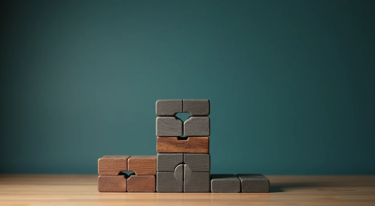 Stepped graphite gauge blocks arranged on a walnut surface under focused lighting, symbolizing precise selection criteria for enterprise database alternatives.