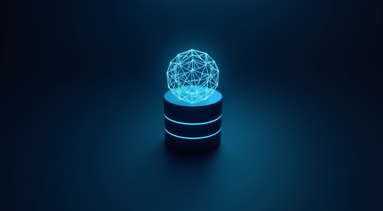 A conceptual illustration of a unified enterprise database architecture combining transactional integrity with vector search capabilities, featuring a glowing cyan lattice structure within a dark blue sphere.