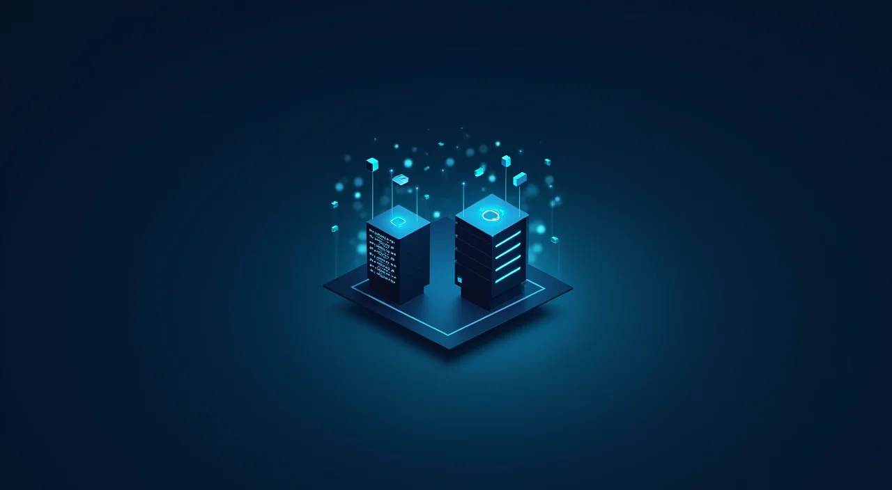 Abstract visualization of a secure data migration bridge between server systems in dark blue and cyan tones.
