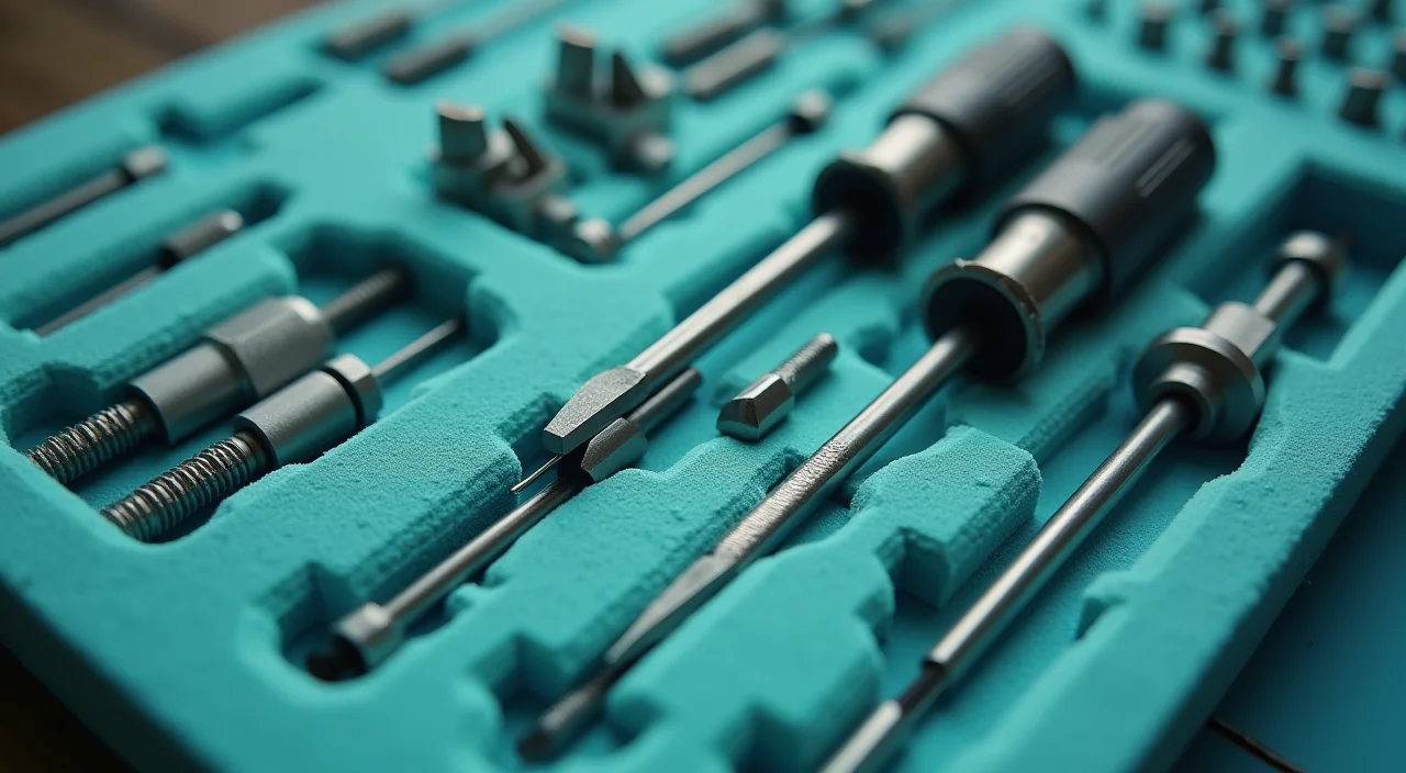 A precision screwdriver set arranged in foam cutouts on a linen surface, illustrating the meticulous validation steps required for an on-premises Oracle RAC replacement.