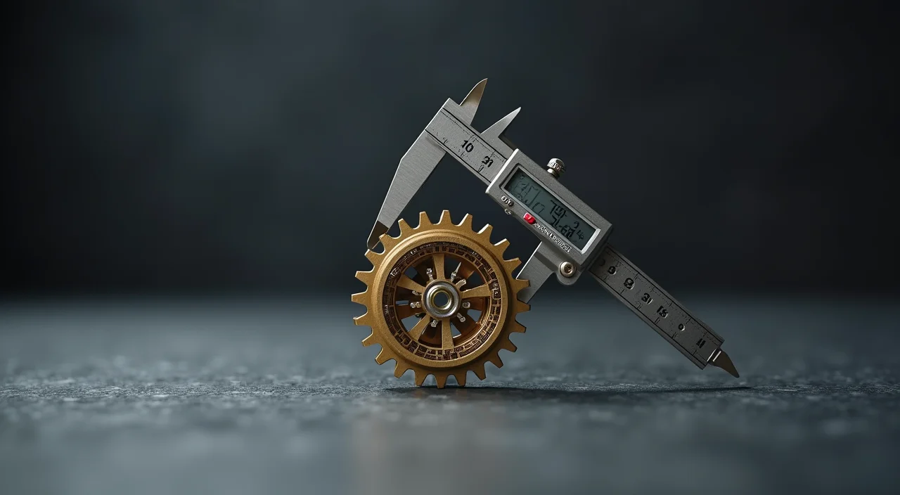 A precision caliper holding a complex brass gear mechanism on a dark slate background, symbolizing the detailed diagnostic process required to evaluate Oracle database feature pari