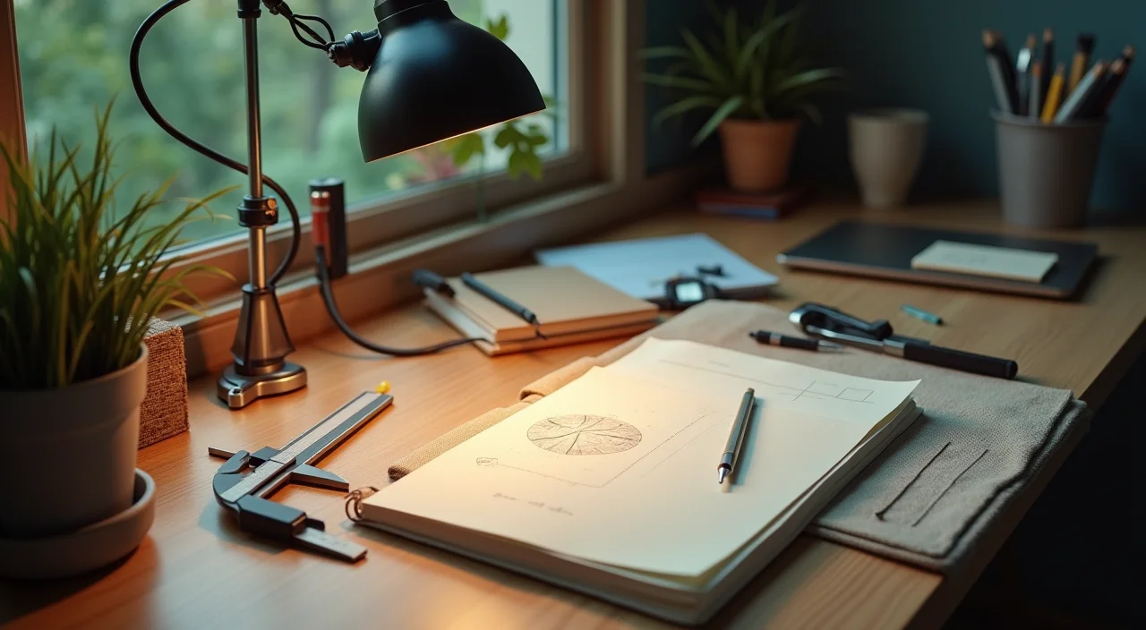 A precise workspace setup featuring drafting tools and blank notebooks on a wooden desk, symbolizing the careful planning required for Oracle database migration readiness.