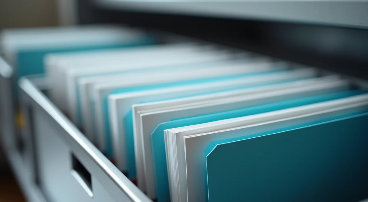 A close-up of a metal desk sorter holding blank index cards, symbolizing the neutral evaluation framework for selecting commercial database alternatives.