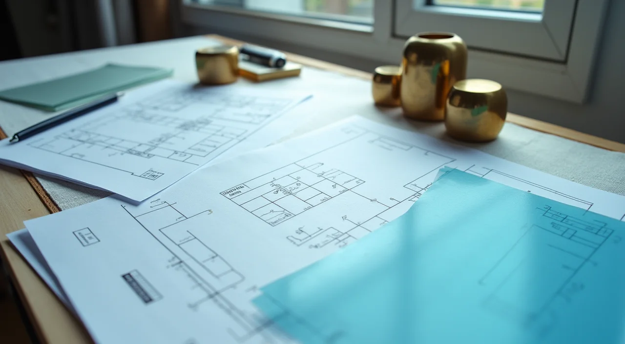 Architectural blueprint on a desk with brass paperweights and frosted glass, representing on-premises enterprise database architecture