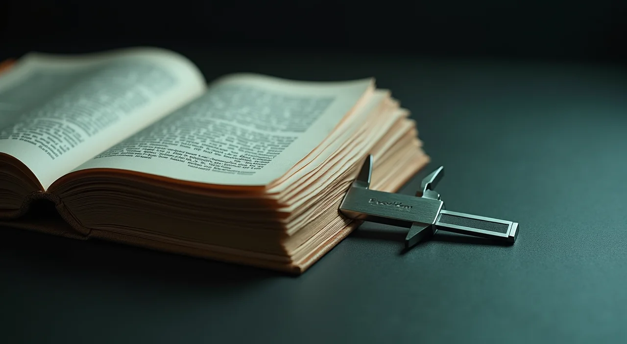 A silver caliper measuring the pages of a heavy ledger on a dark surface, symbolizing the precise calculation of migration costs and licensing trade-offs.
