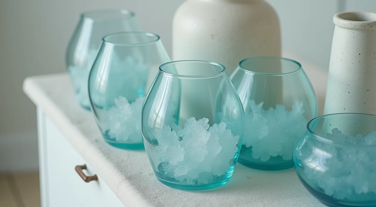 Nested transparent glass shells surrounding a solid ceramic core on a linen surface