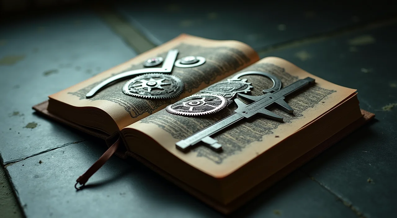 A close-up of an industrial ledger book with mechanical gears and calipers, symbolizing the technical layers of database compatibility.
