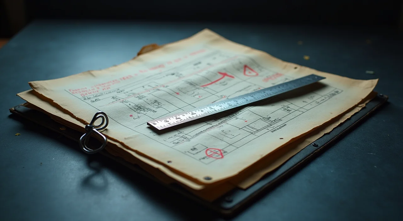 A steel blueprint folder with technical schematics and red annotations on a dark surface, symbolizing risk assessment for database migration.