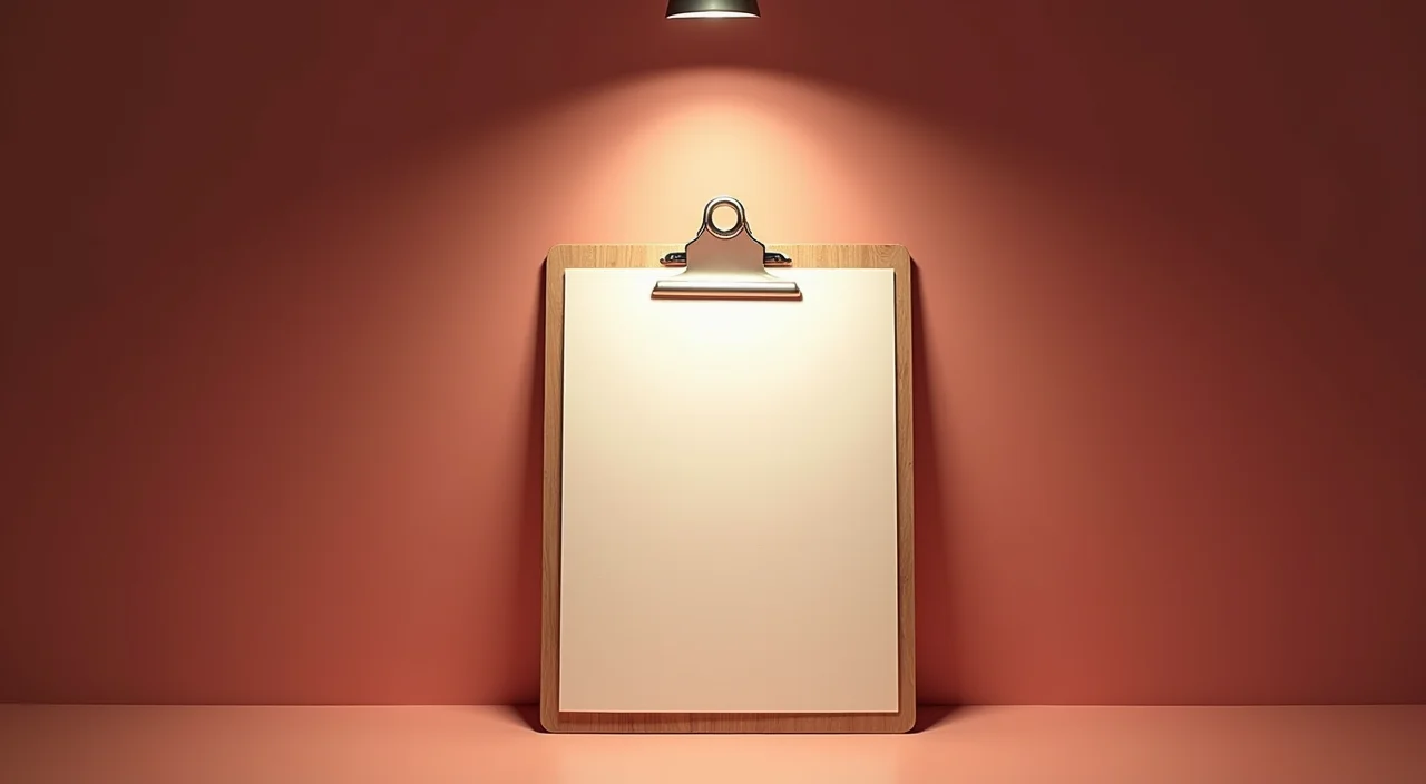 A blank approval clipboard on a linen surface under a focused spotlight, symbolizing the rigorous verification required for high availability database value proof.