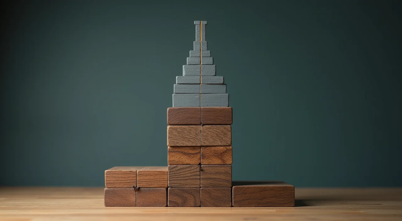 Stepped brass tolerance gauge blocks resting on a dark walnut surface, representing precise evaluation criteria for technical selection