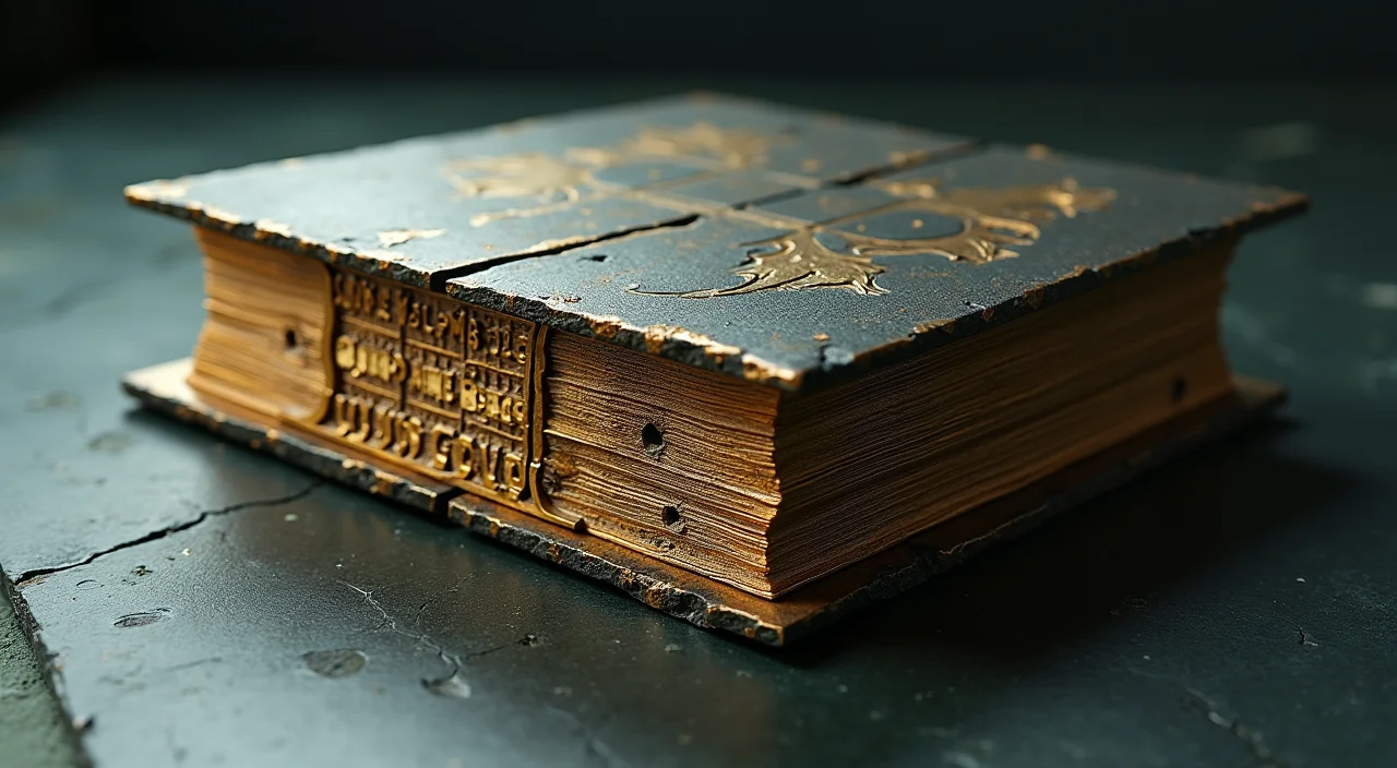 Cross-section of an industrial ledger with brass and stone layers representing database migration complexity.